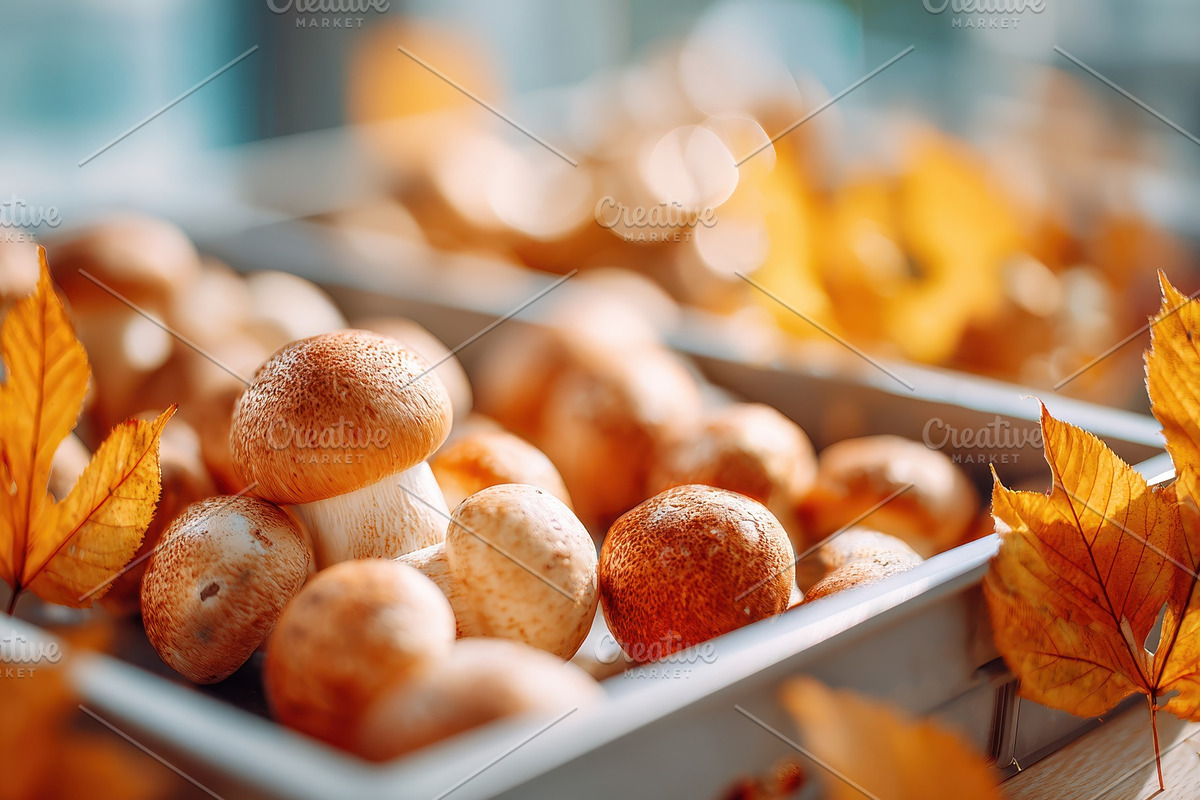 Fresh mushrooms with autumn leaves and pumpkins, a Food & Drink Photo by AlyaAnd (Photo 2 of 2)