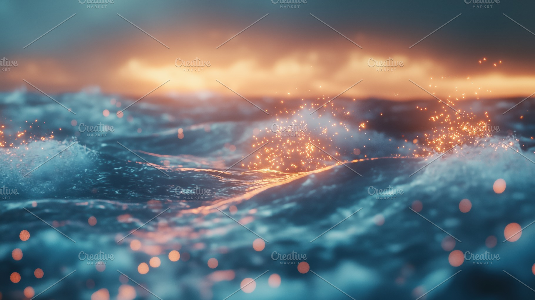 A serene ocean scene at sunset, with gentle waves reflecting warm hues of orang, a Photo by Textures & Backgrounds