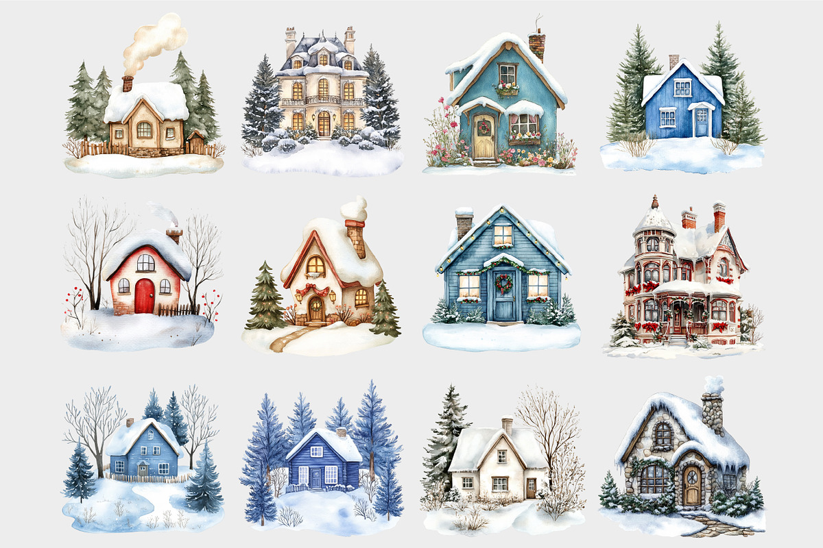Watercolor Festive Houses Clipart, a Seasonal Illustration by Design Market (Photo 4 of 5)
