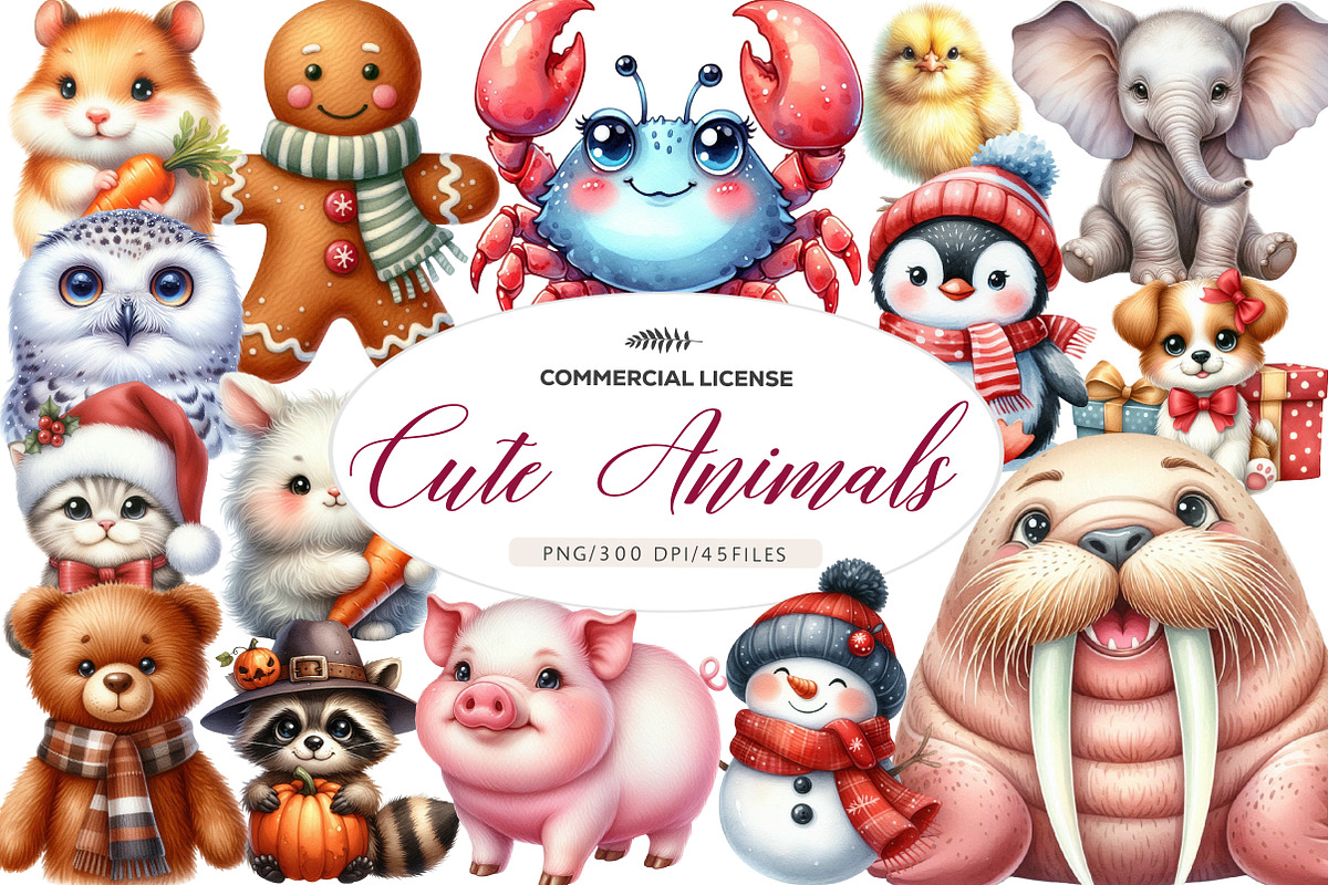 Watercolor Cute Animals Clipart, an Illustration by CreationArt (Photo 1 of 5)