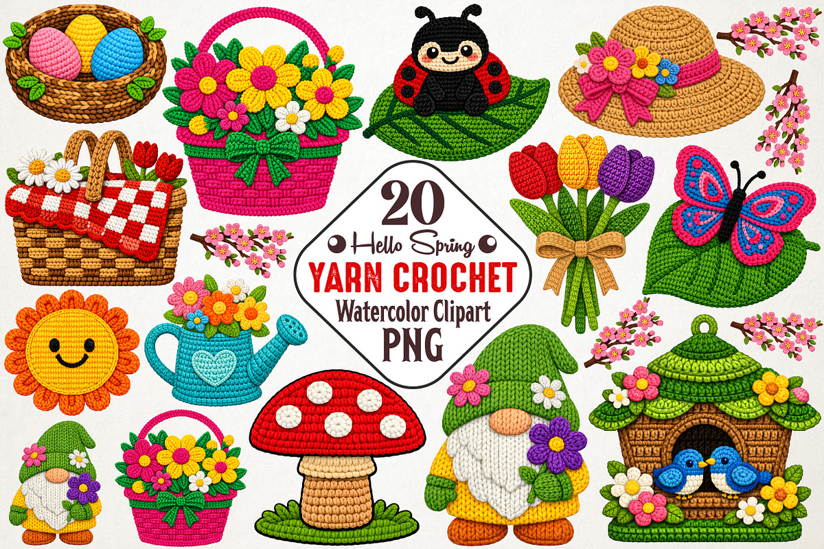Hello Spring Faux Crochet PNG Bundle, an Illustration by RobertsArt (Photo 1 of 6)