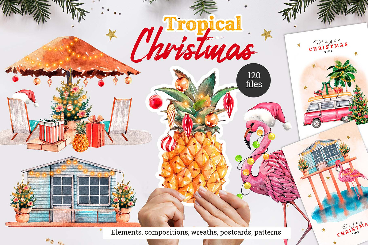 Watercolor Tropical Christmas set, a Seasonal Illustration by VerAna (Photo 1 of 19)