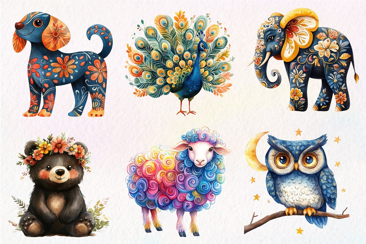 Watercolor Folk Art Animals Clipart, an Illustration by Dream Creation (Photo 2 of 7)