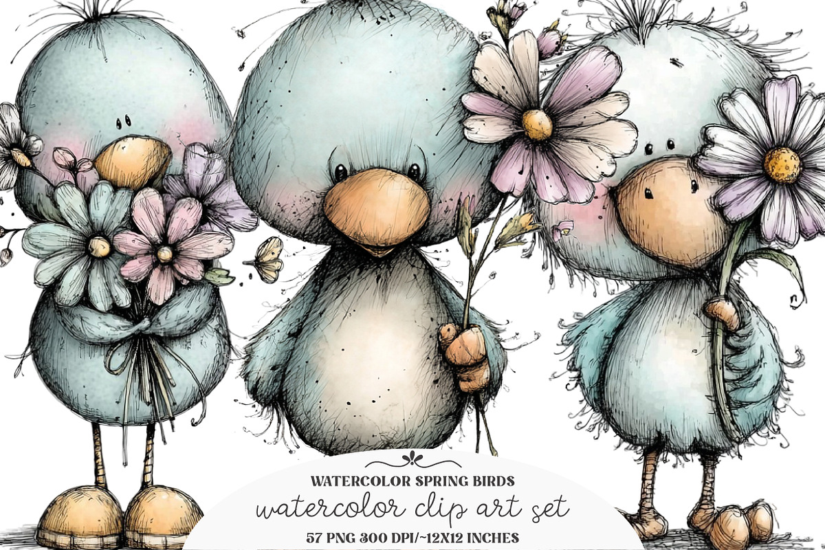 Watercolor Spring Birds Clipart, an Illustration by GatewayDesign (Photo 1 of 3)