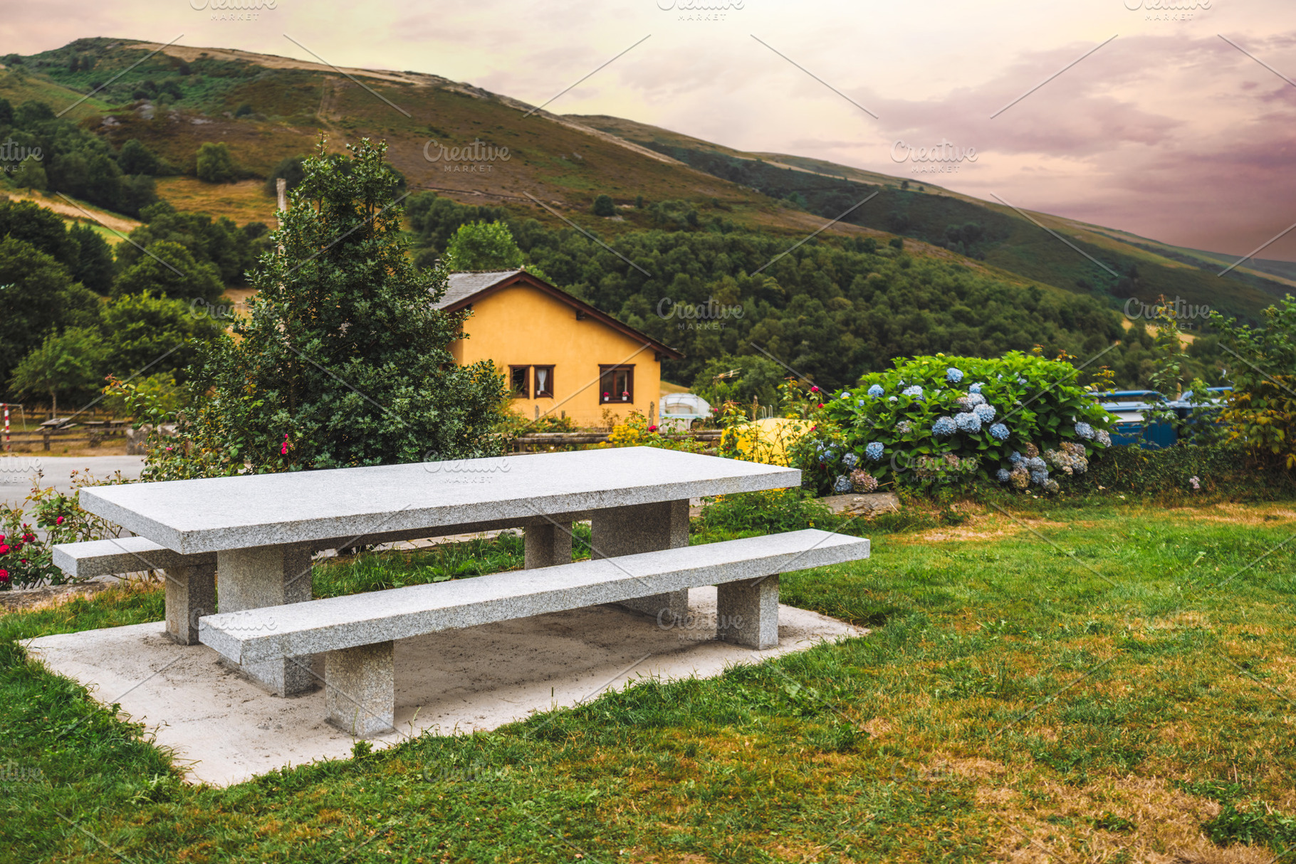 Stone picnic table in garden, an Architecture Photo by SkyNext