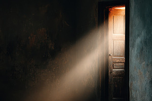 Light through a door in a dark room, a Photo by Pixeness Studio