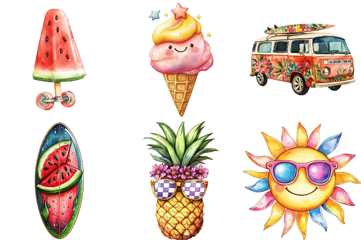 Funky Summer Clipart, an Illustration by Watercolor design (Photo 3 of 5)