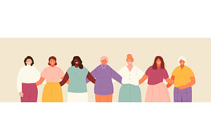 Hugging group of women of different