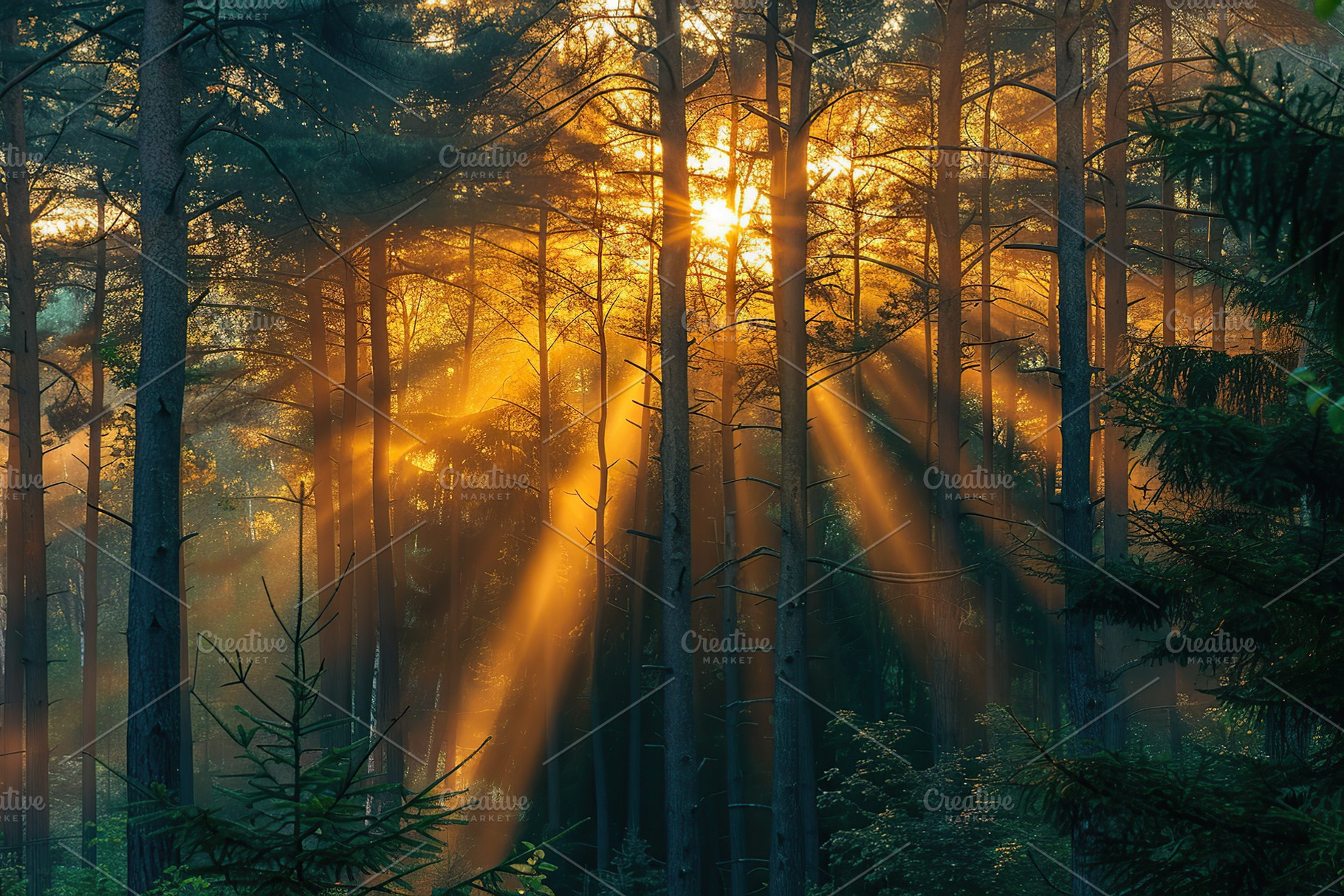 Sunrise and sunrays over the green forest, a Photo by AlyaAnd