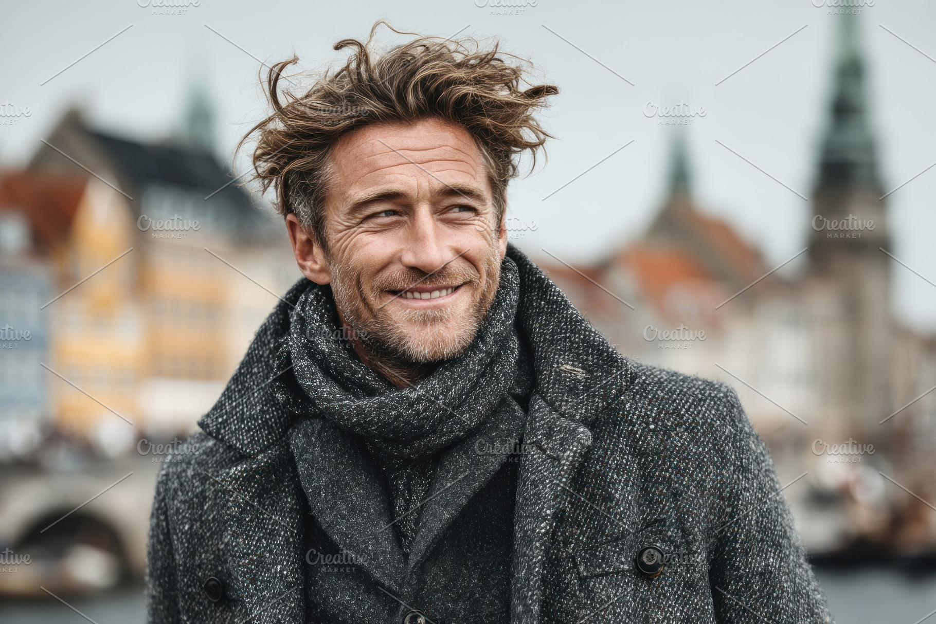 Smiling middle-aged man with tousled hair wearing wool coat and, a Person Photo by José Manuel Gelpi
