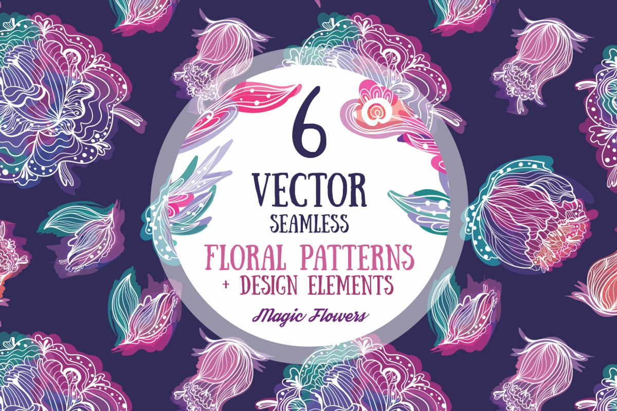 Magic FLowers 6 Vector Patterns, a Pattern Graphic by kisikoida (Photo 1 of 3)