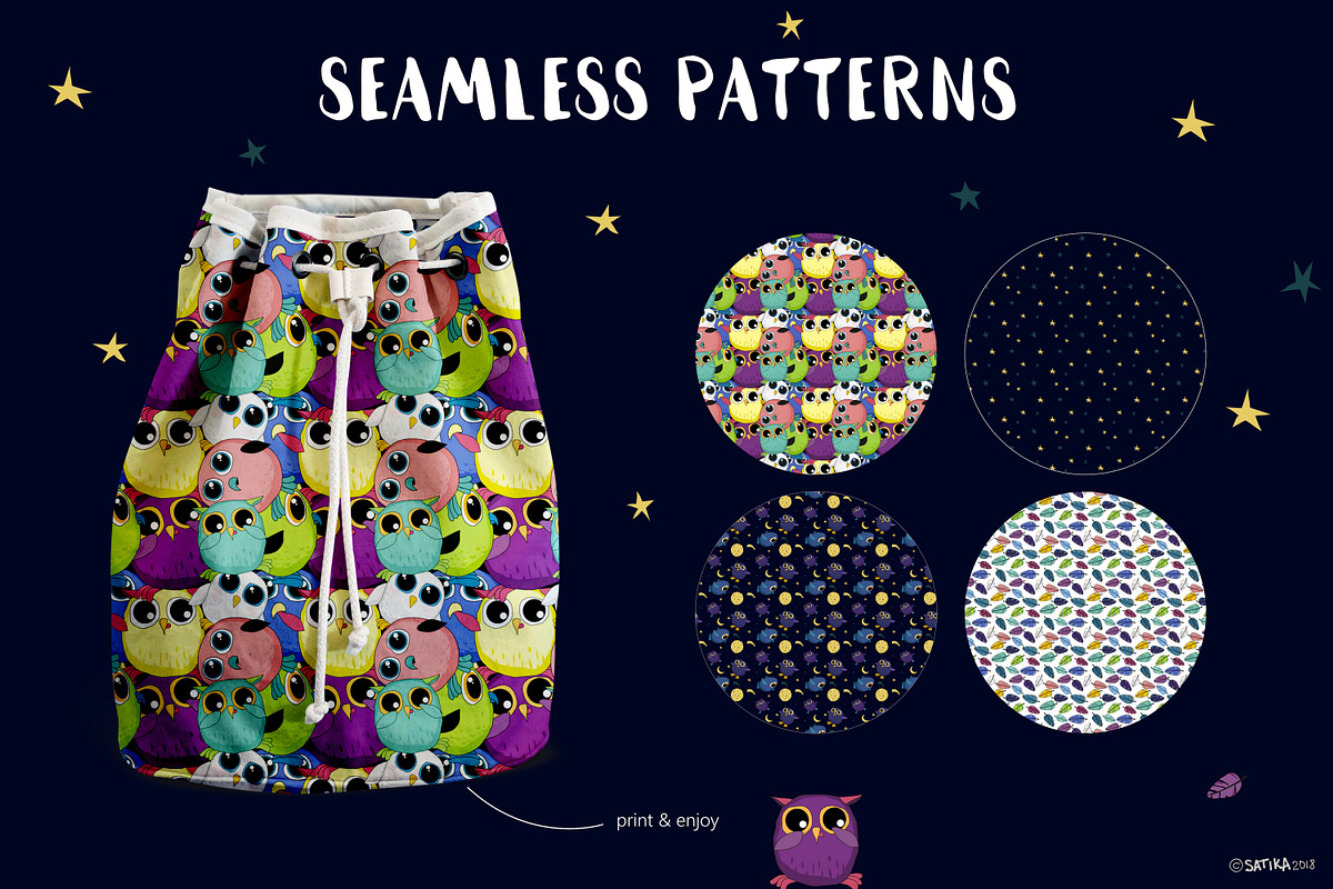 Midnight Owls - vector set for kids, an Illustration by Satika (Photo 3 of 5)