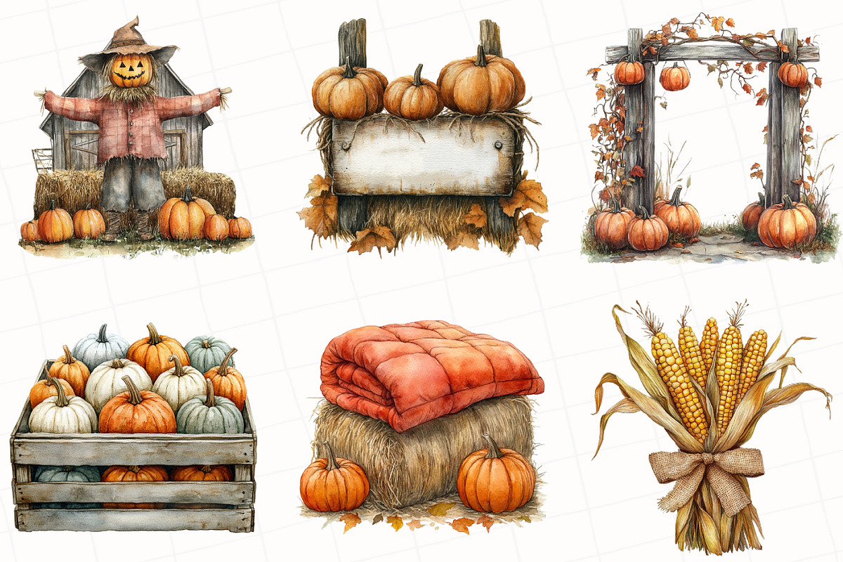 Watercolor Pumpkin Patch Clipart, an Illustration by OK Design (Photo 2 of 5)