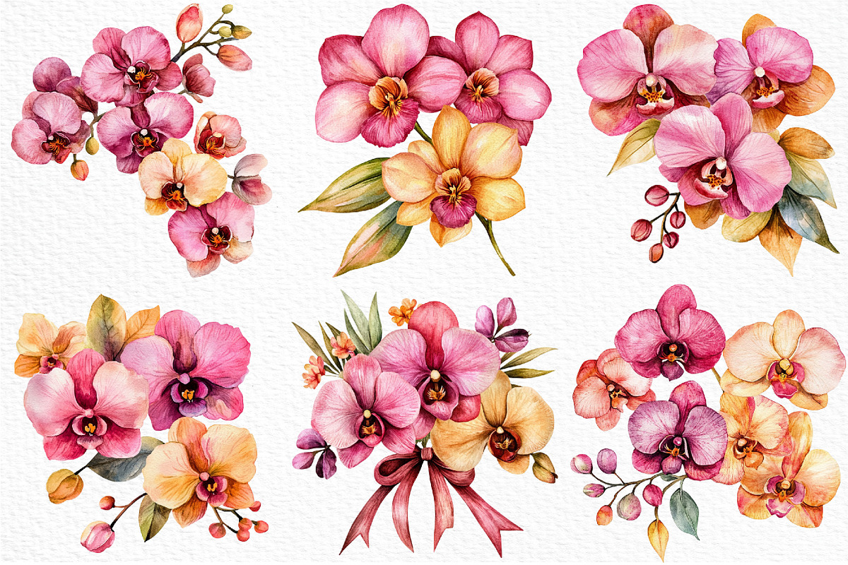 Watercolor Pink Orchid Clipart, an Illustration by Craft Nest (Photo 3 of 12)