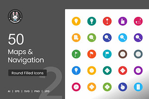 50 Maps & Navigation Flat Round, an Icon by IconBunny