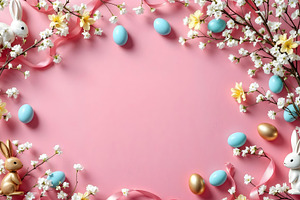 Pink Easter background with eggs and, a Holiday Photo by Volff