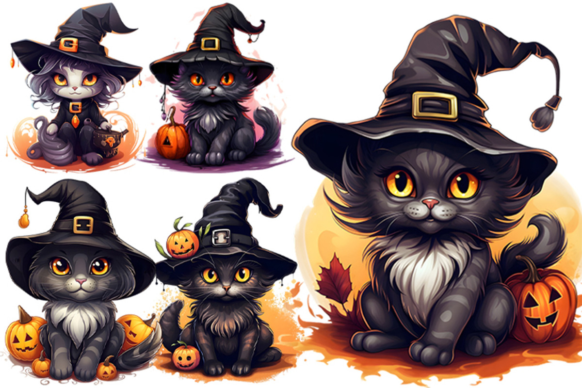 Halloween Cat Witch Clipart Bundle, a Seasonal Illustration by Creative Arslan (Photo 3 of 9)