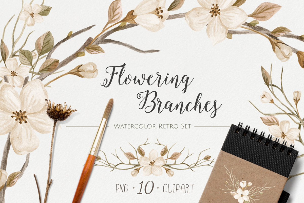 WatercolorRetroSet.FloweringBranches, an Illustration by NataliVA (Photo 1 of 3)
