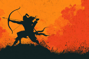 Silhouette of Lord Rama Drawing Bow and Arrow on Hill with Fiery, a Person Photo by José Manuel Gelpi
