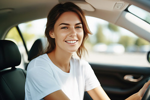 Young smiling woman driving her car, a Transportation Photo by AlyaAnd
