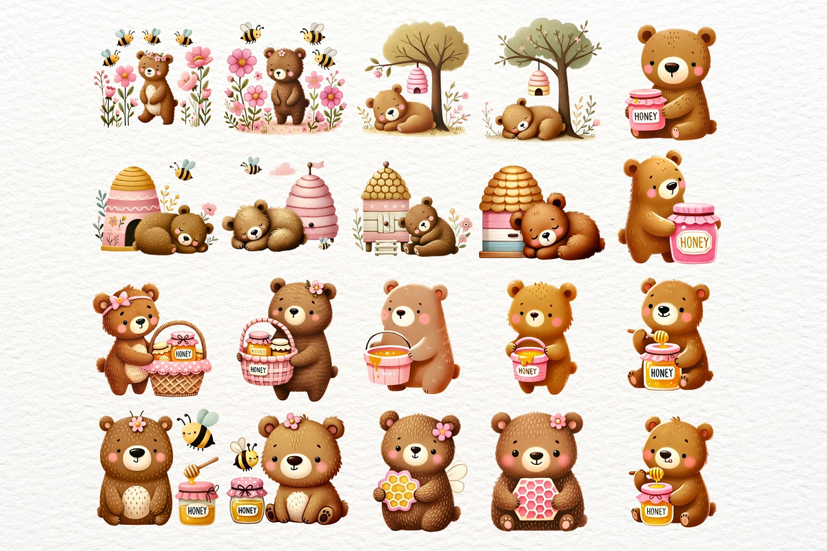 Bear and Honey Bee Clipart Set, an Animal Illustration by Nicolle's Colorful Art (Photo 4 of 7)