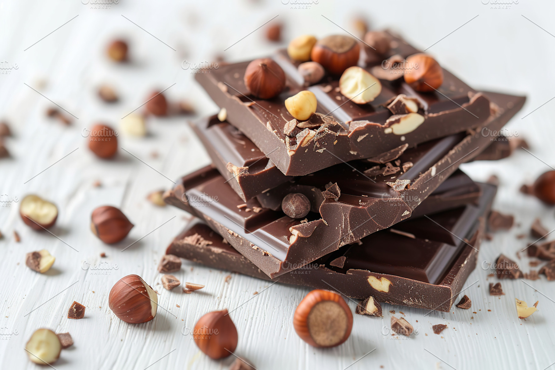 Sweet chocolate pieces with hazelnuts on wooden background, a Food & Drink Photo by AlyaAnd