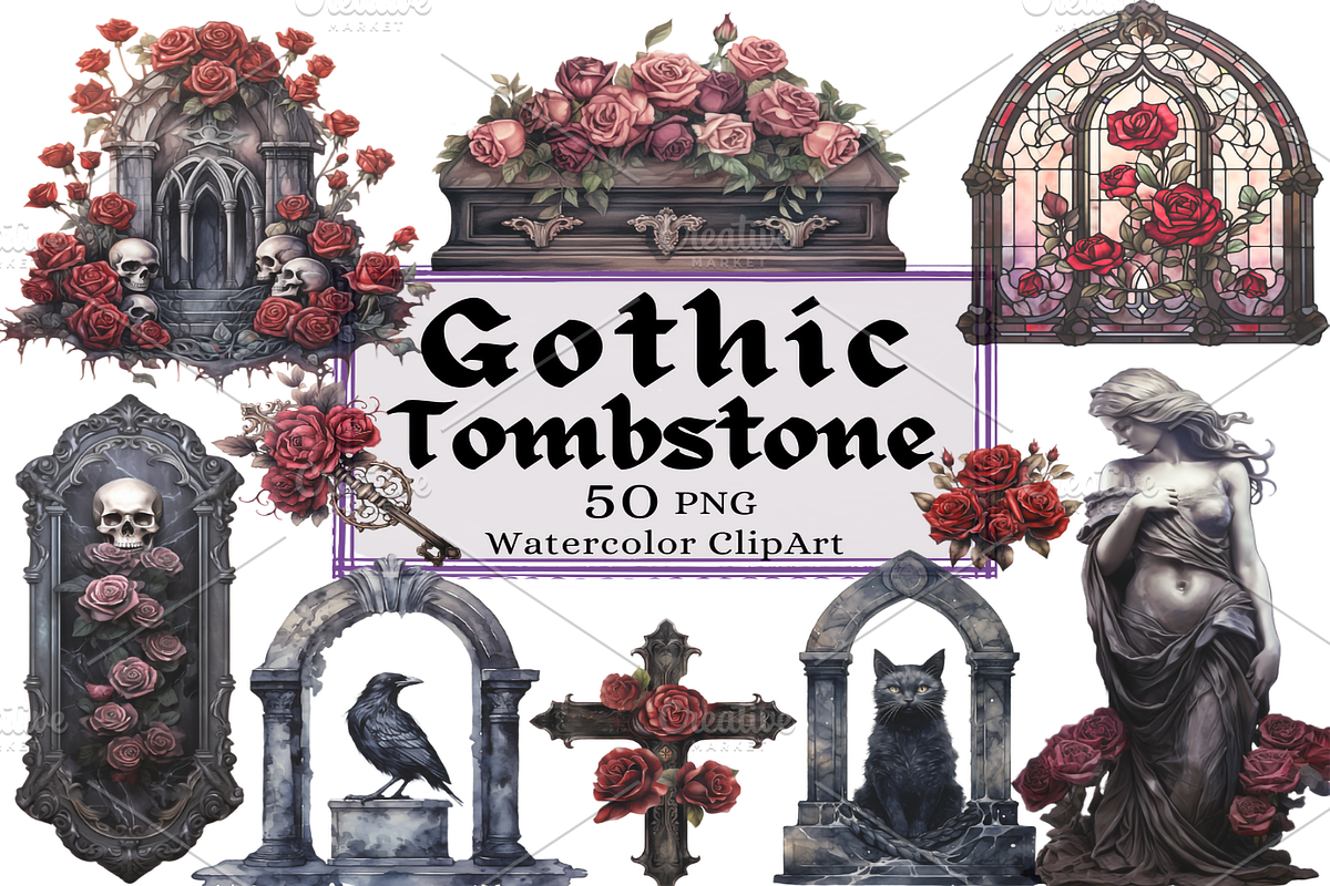 Gothic Tombstones Collection Clipart, an Object Illustration by Watercolor Digital (Photo 2 of 18)