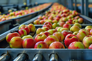 Fresh apples on a conveyor belt at factory, a Food & Drink Photo by AlyaAnd
