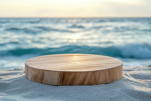 Podium for product display on sandy beach with ocean background during sunset, a Background Photo by AlyaAnd