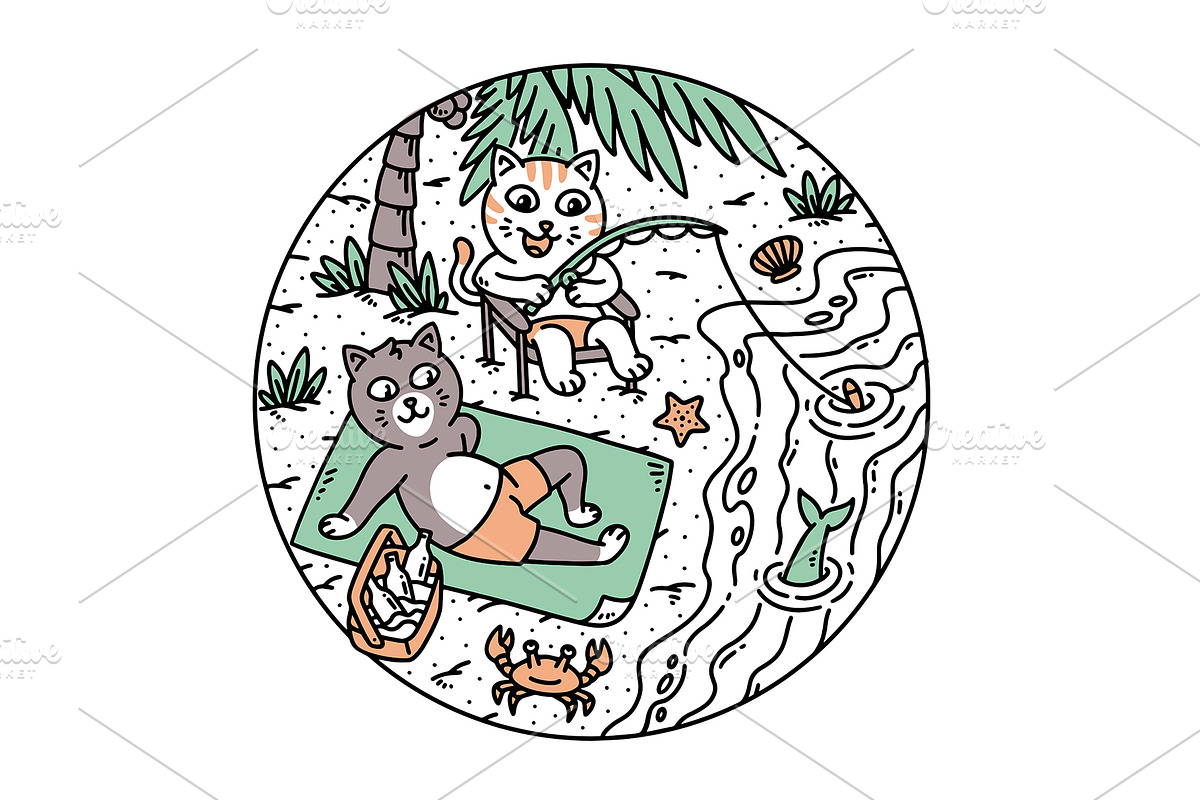 cute cat having fun on the beach, an Animal Illustration by gunaonedesign (Photo 1 of 4)