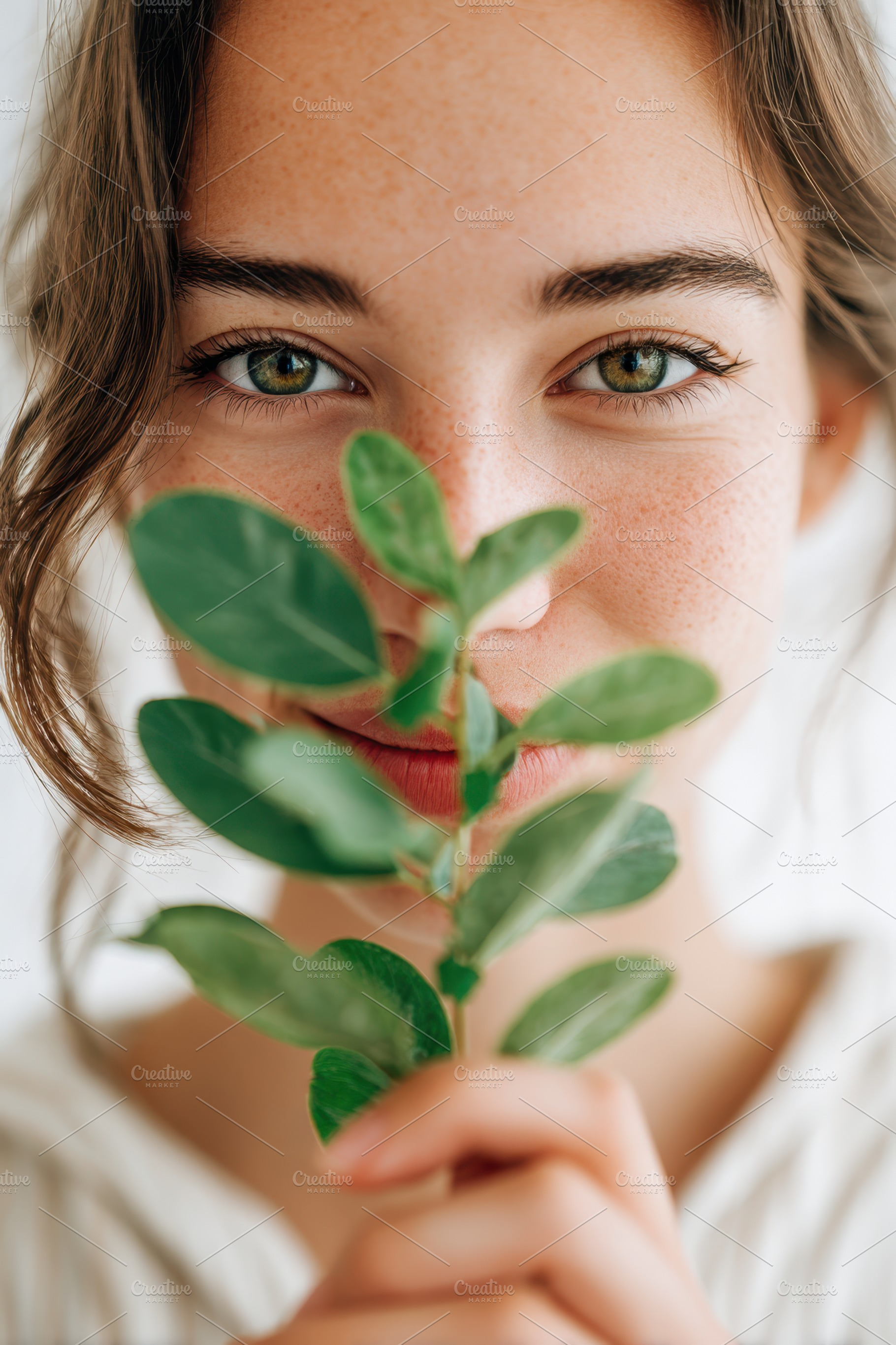 Young woman with plant portrait, a Person Photo by AlyaAnd