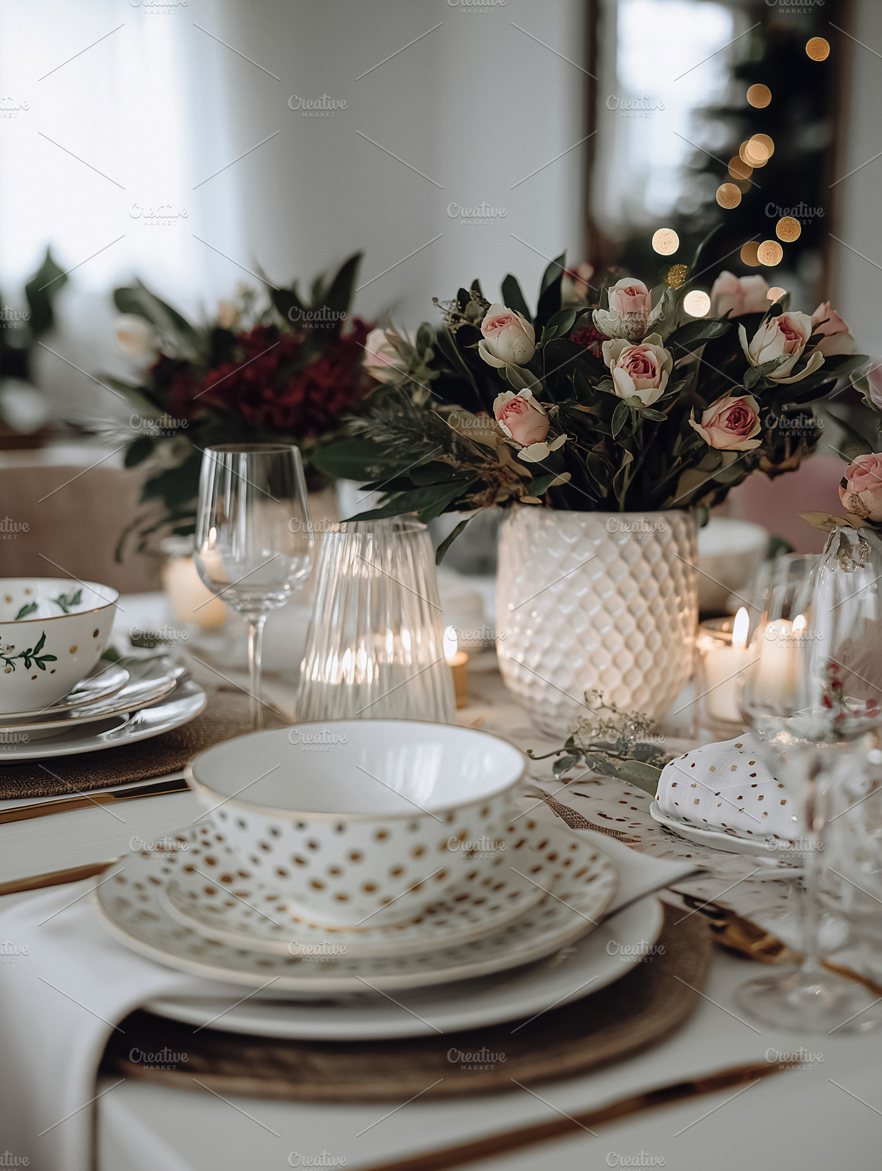 Festive dining table setting with elegant dinnerware, burning candles, and fres, a Food & Drink Photo by Studio ANNA