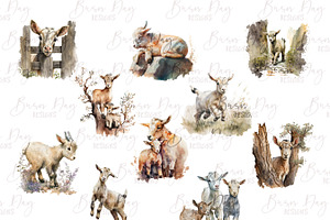 Watercolor Baby Goat Clipart Bundle