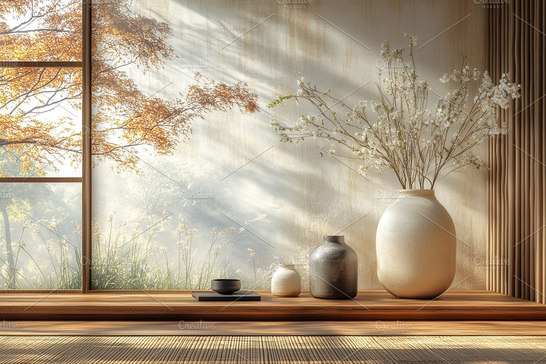 Zen indoor space with minimalist dec, a Photo by Tanuart