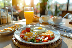 Tasty breakfast with eggs, vegetables and glass of juice in cafe on sunlights b, a Food & Drink Photo by AlyaAnd