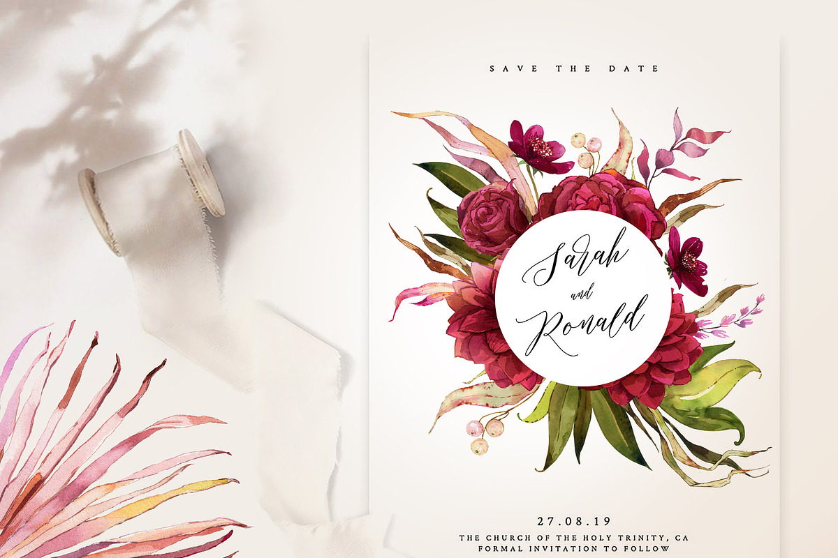 Burgundy Botanical Boho clipart set, an Illustration by KarinkaBU (Photo 5 of 9)