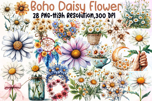 Boho Daisy Flower Clipart, an Illustration by Sublimation Artist