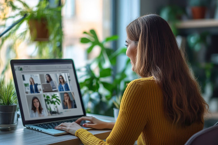 Female employee using laptop, a Photo by Pavel_design