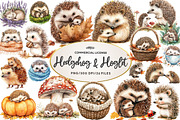 Watercolor Hedgehog & Hoglet Clipart, an Illustration by CreationArt (Thumbnail 1 of 5)