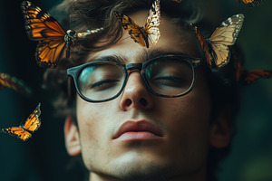 A young psycholinguist man with glasses, eyes closed, surrounded by floating bu, a Person Photo by Textures & Backgrounds