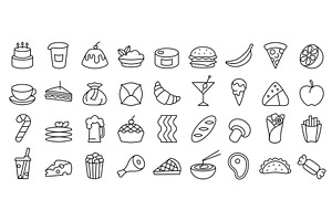 Food and drink line icons. Fast food, a Food Illustration by winwin.art