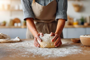 Kneading dough in a bright kitchen by a skilled female baker, a Food & Drink Photo by AlyaAnd