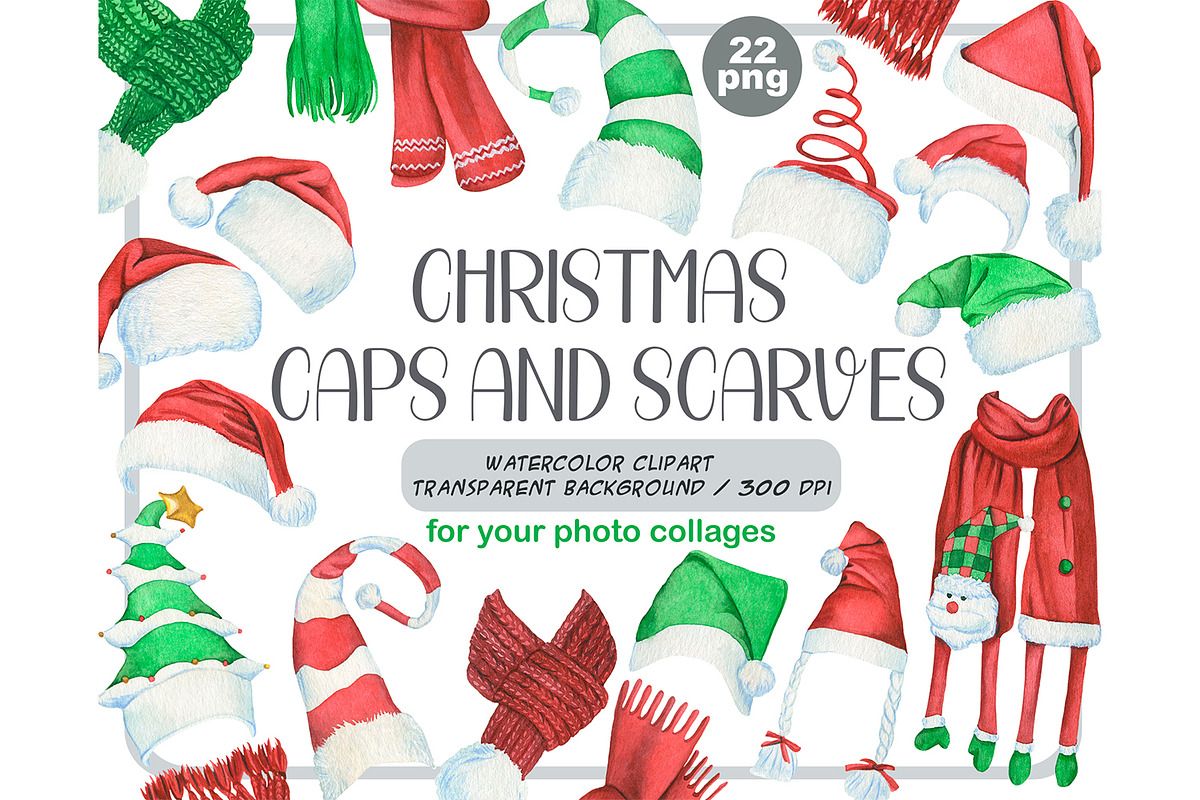 Watercolor Christmas hats and scarve, a Seasonal Illustration by ArtfulStudio (Photo 1 of 10)
