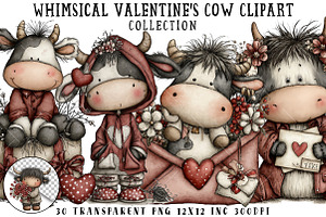 Whimsical Valentine's Cow Clipart, an Illustration by OK Design