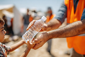 Child receives bottled water from a volunteer in a humanitarian aid distributio, a Photo by AlyaAnd