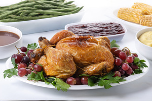 Thanksgiving dinner with turkey,mashed potatoes,ears of corn and green bean cas, a Food & Drink Photo by etorres69