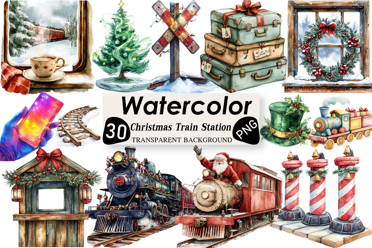 Christmas Train Station Clipart, an Illustration by Black Bird Studio (Photo 1 of 6)