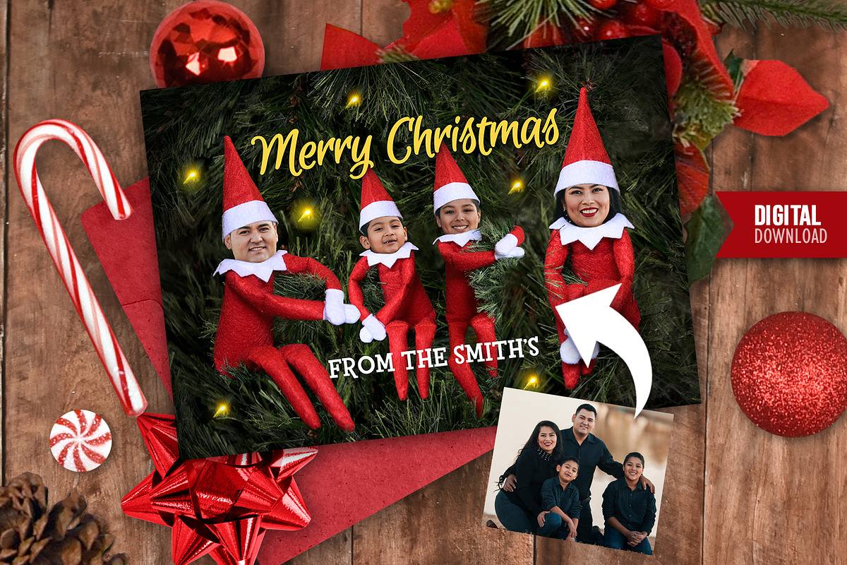 Funny Elf Family Christmas Card PSD, a Card Template by HaywireMedia & Mockups (Photo 4 of 5)