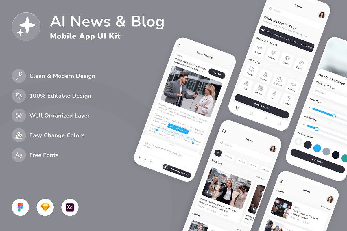 AI News & Blog Mobile App UI Kit, an UI Kit Template by Betush