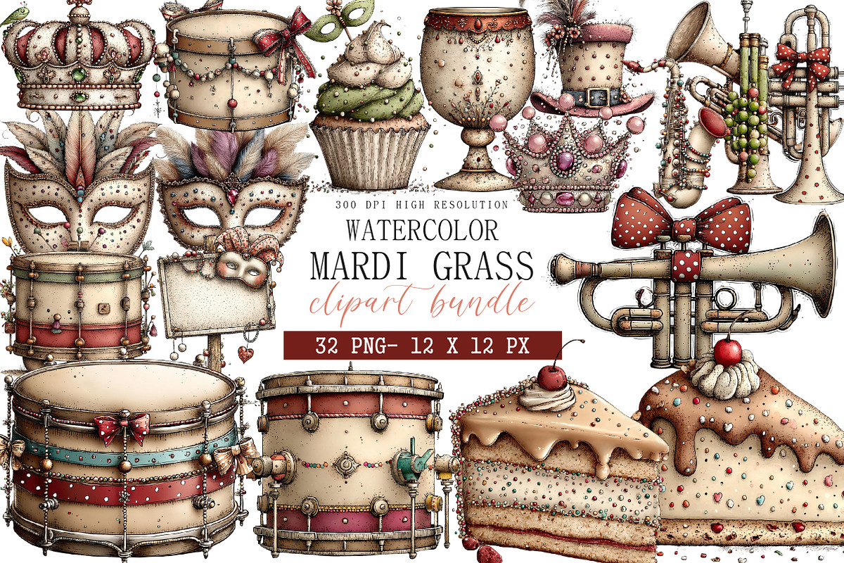 Watercolor Mardi Grass Clipart, an Illustration by DreamArtGraphic (Photo 1 of 4)